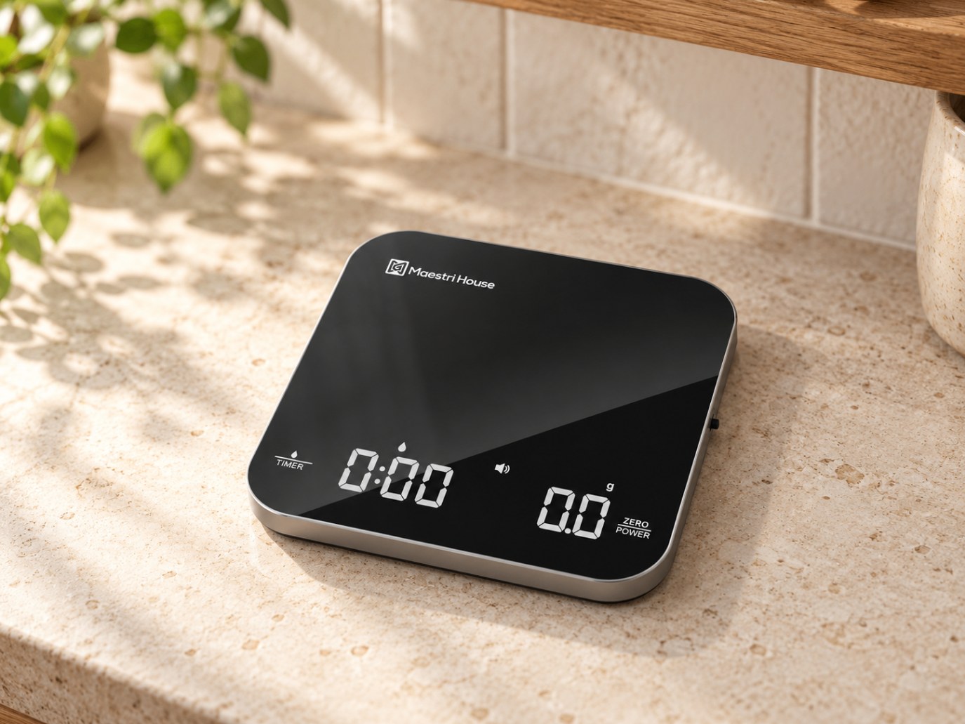 Maestri House S2 espresso scale with timer in black and silver on a kitchen counter