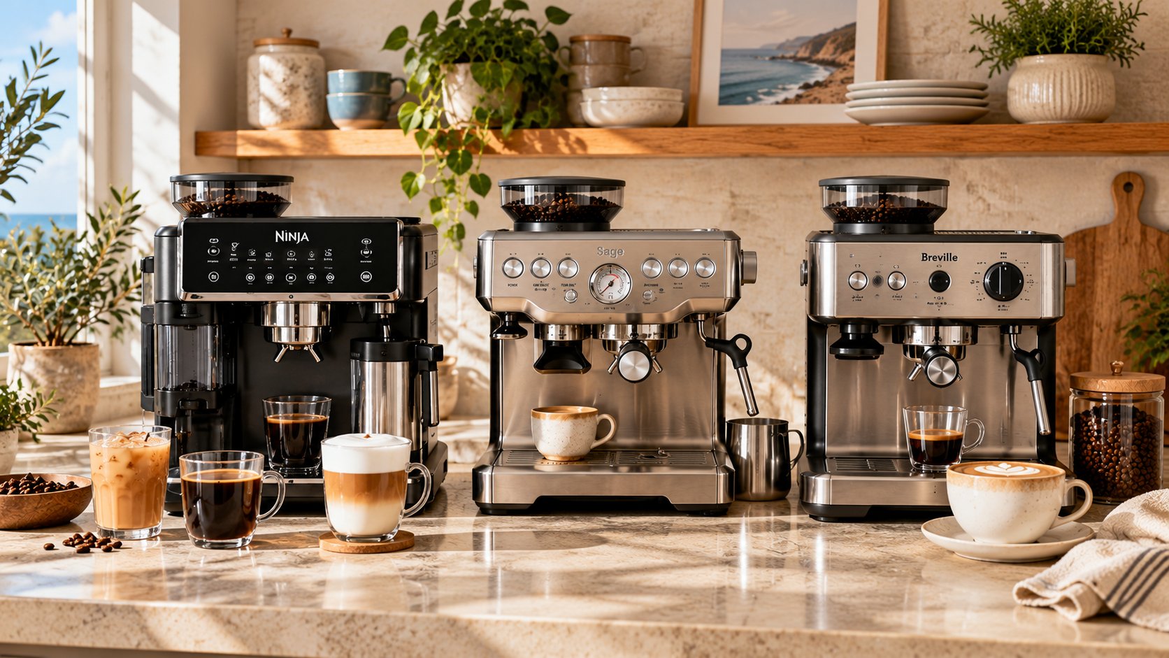 Three home espresso machines displayed together in a warm coastal-style kitchen.