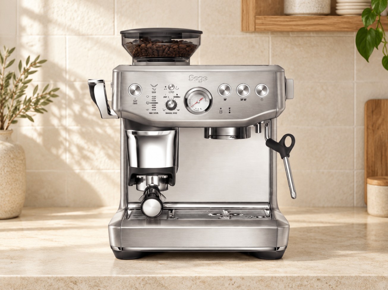 Sage Barista Express Impress in brushed stainless steel on a kitchen counter