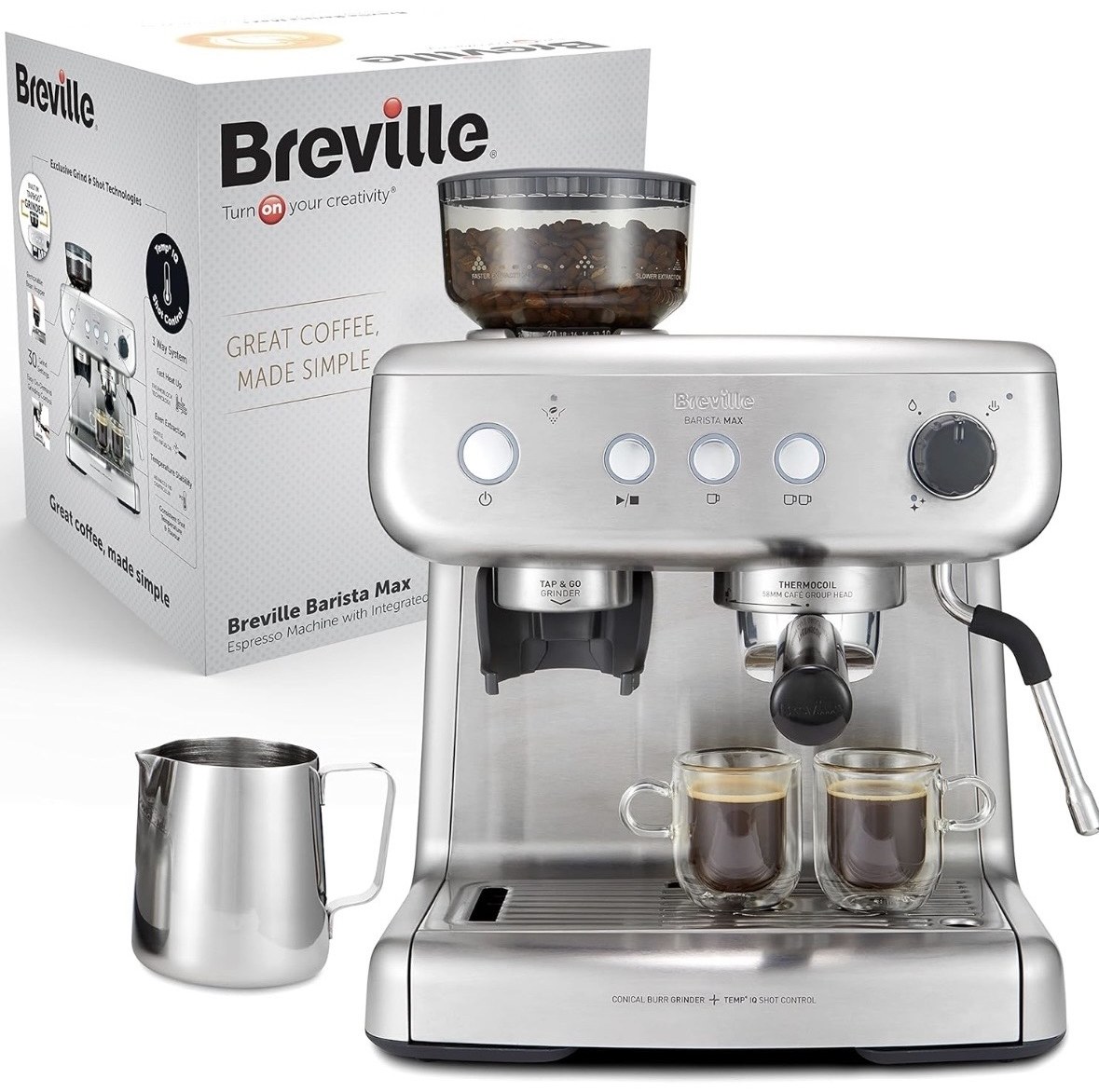 Breville Barista Max stainless steel espresso machine with its box and milk jug