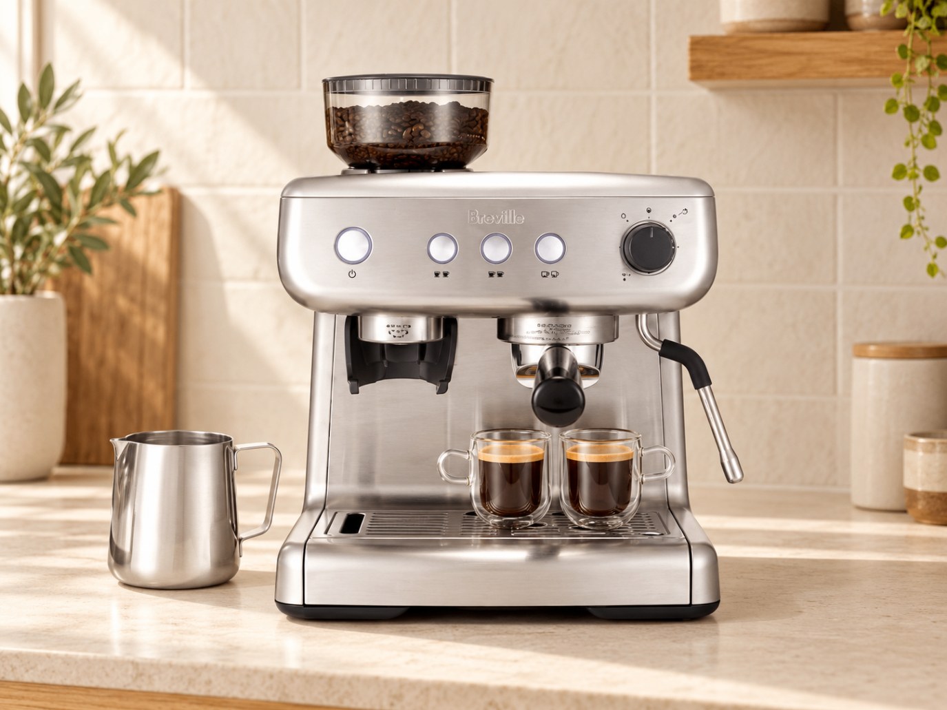 Breville Barista Max stainless steel espresso machine with a milk jug on a kitchen counter