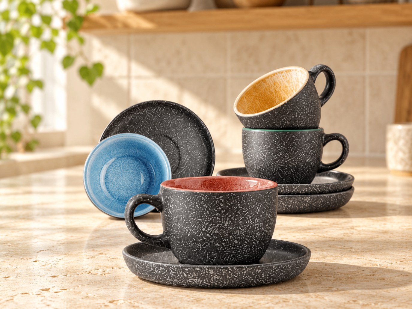 Cosumy speckled 90ml espresso cups and saucers with colourful glazed interiors on a kitchen counter