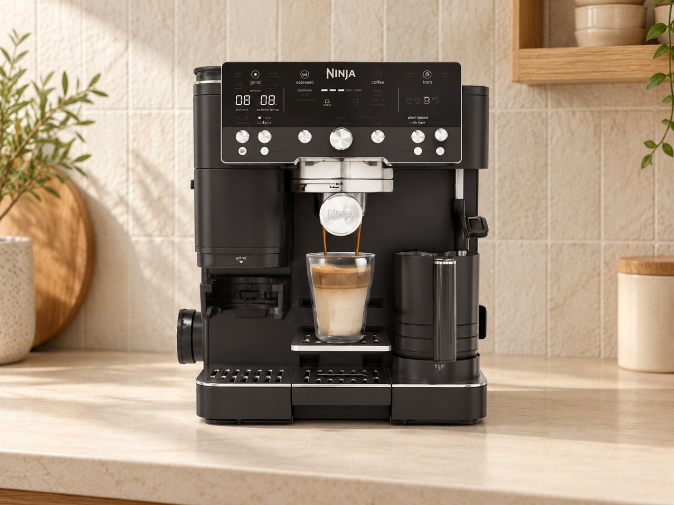 Ninja Luxe Café Premier ES601UKBK in black on a sunlit kitchen counter, making a layered coffee in a glass
