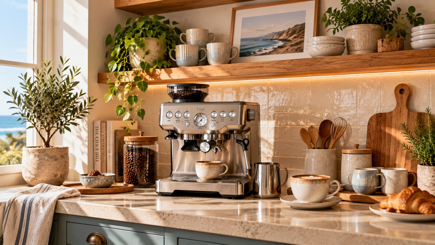 Coastal home coffee corner with espresso machine, natural oak shelving, ceramic cups and warm neutral styling.