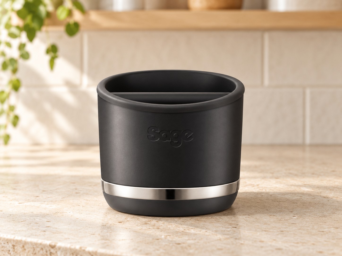 Sage Knock Box 10 in Black Truffle on a kitchen counter