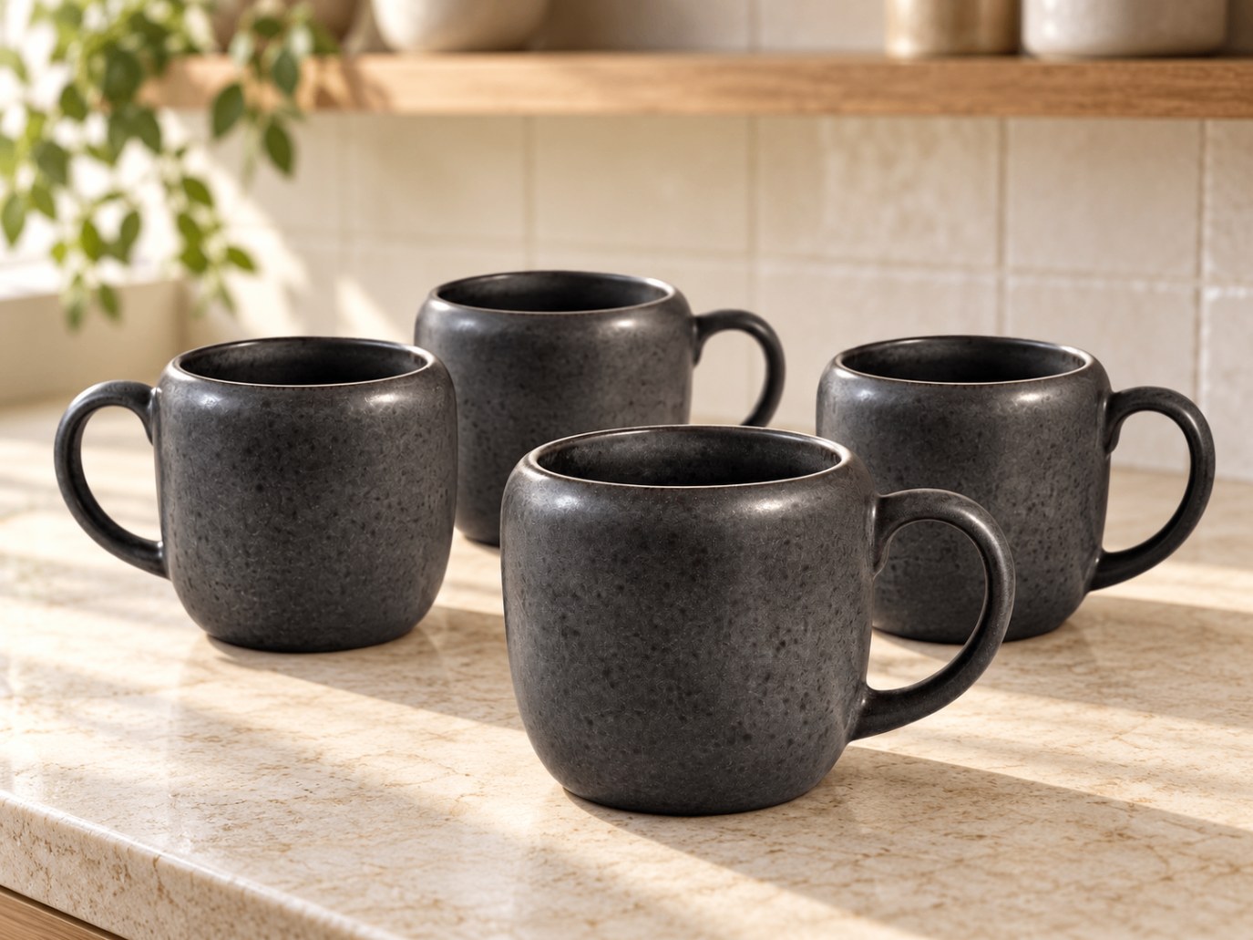 Four Cosumy black speckled ceramic 350ml mugs on a kitchen counter