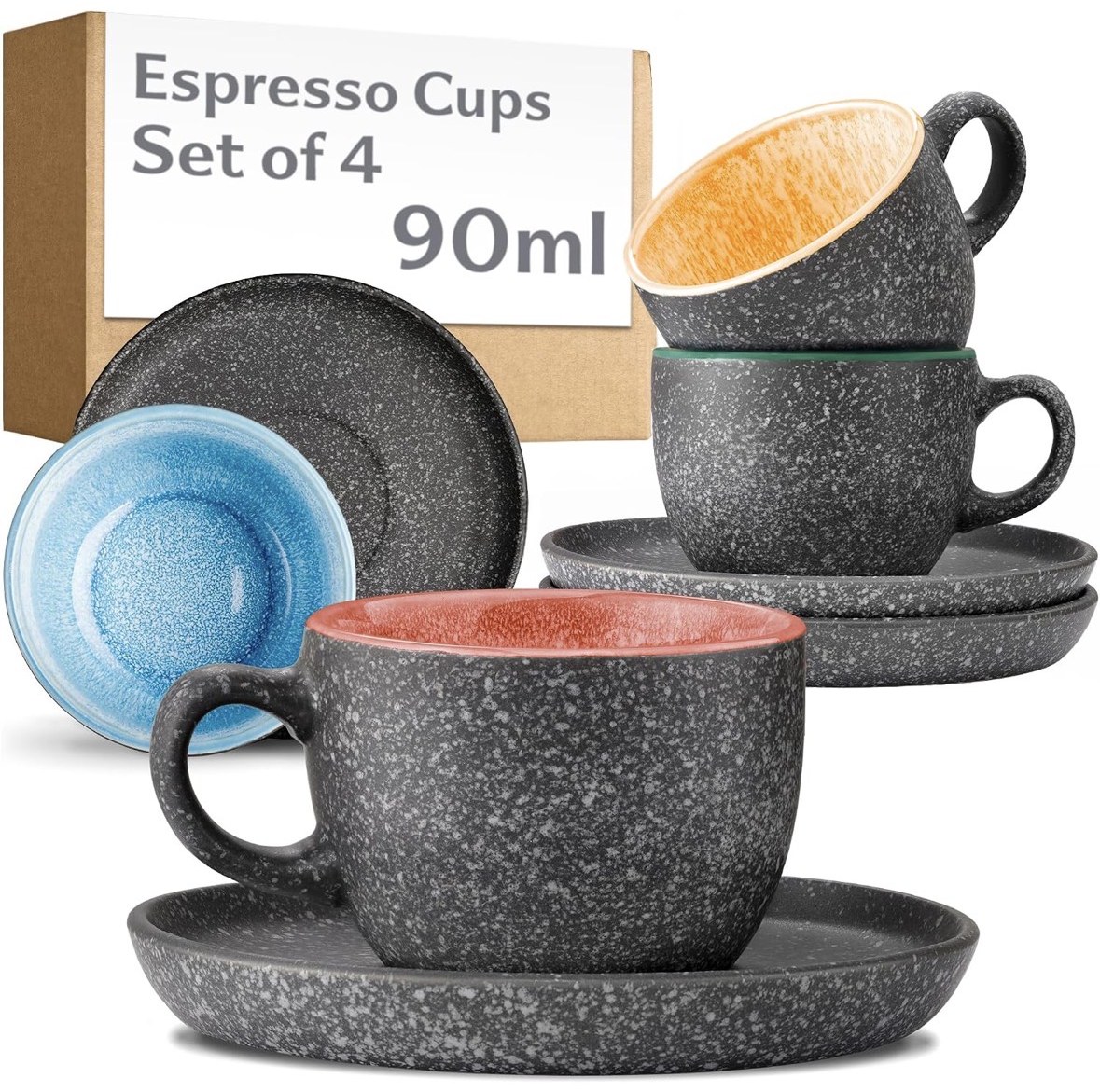 Cosumy 90ml espresso cups and saucers, boxed set of four in speckled grey with colourful glazed interiors